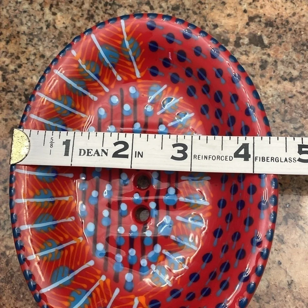 Soap dish Oval Red blue Orange pottery handmade Greece drain holes Jewelry dish